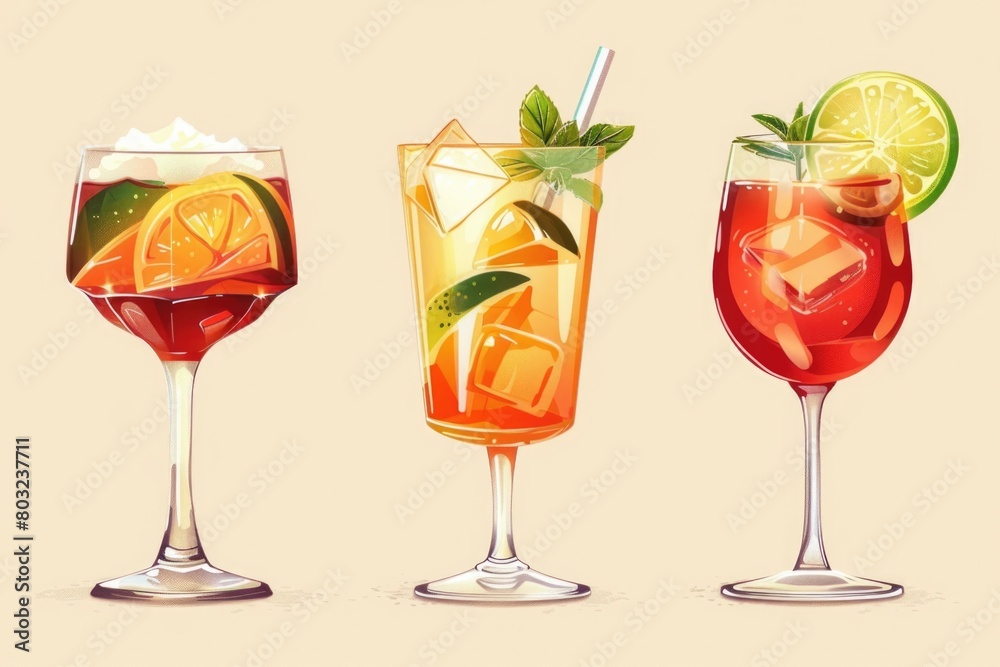 Poster various beverages in different glassware, versatile for menus or party invitations