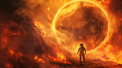Fototapeta premium The firefighter's back faces A world that is burning ,3d render, Global Boiling Concept 