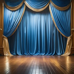 curtain with curtains, a luxurious blue curtain framing an empty wood grain shiny polished stage background, 