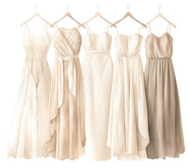 Set of bridesmaids dresses hanging on rack