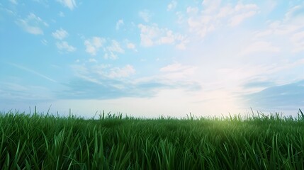 Fototapeta premium Expansive Verdant Meadow Under a Tranquil Blue Sky with Distant Horizon