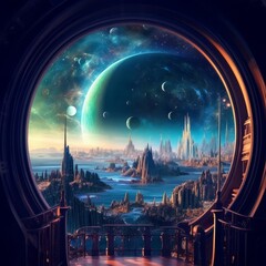 An epic view of a beautiful alien cityscape