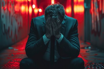 A sad businessman in suit sitting on bench and crying with head down holding his hands over face