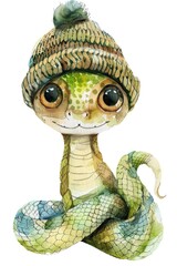 A charming watercolor snake with large, endearing eyes