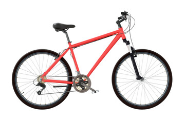 Red bicycle, side view. Black leather saddle and handles. Png clipart isolated on transparent...
