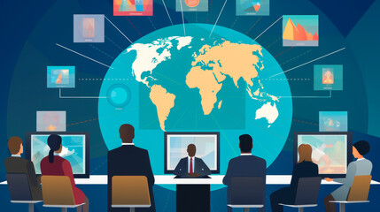 Virtual conference with globe icons & holographic business figures.