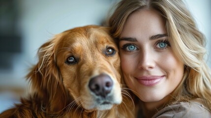Closeup of a female human doctor with a stethoscope and white gloves holding a golden retriever dog...