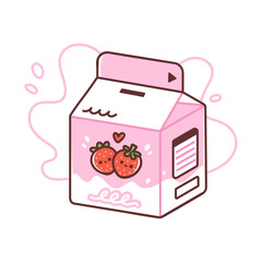 Strawberry milk in cute packaging. Vector illustration of sweet dairy drink for kids in colorful flat style. Isolated elements on white background.