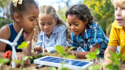 Children engaging in a school project about renewable resources, displaying solar panels and mini wind turbines