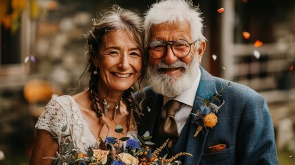 Happy senior couple at wedding ceremony, confetti rain. A smiling old Man and Woman in Love getting...