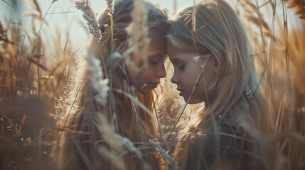 two girls in a field with spikelets on children's day