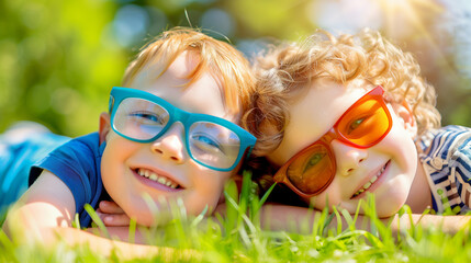 two kids are smiling with sunglasses on children's day
