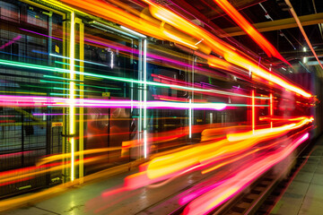 Fototapeta na wymiar A long exposure shot of neon tubes creating streaks of light in motion.