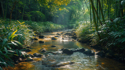 A small stream flows through the dense bamboo forest