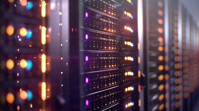 A row of servers in a data center. Ideal for technology and networking concepts