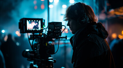 A film director is operating the camera on set