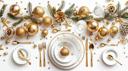 Beautiful table setting with golden Christmas decor o