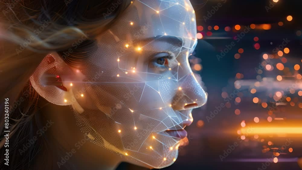 Leinwandbilder A womans face overlaid with a mesh of data points symbolizing biometric technology.