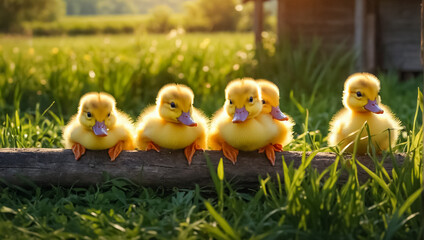 Cute  group ducklings on a summer farm