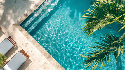 Swimming pool blue water in summer ,sunbed, palm tree ,Summer background concept