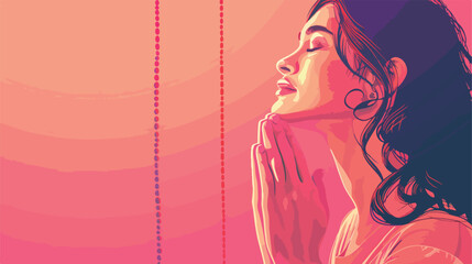 Beautiful woman praying with beads on pink background