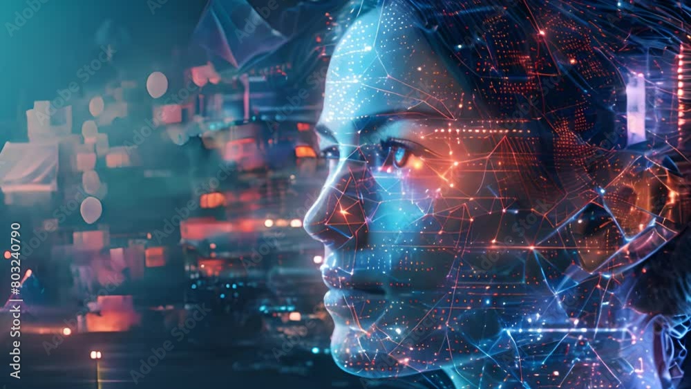 Aufkleber profile of a woman overlaid with digital graphics, symbolizing advanced tech interaction.