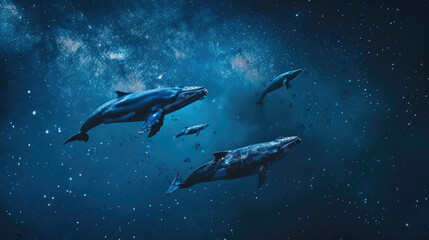 Сosmic blue background with floating whales