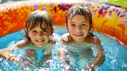 Two young children having fun in a vibrant inflatable pool.