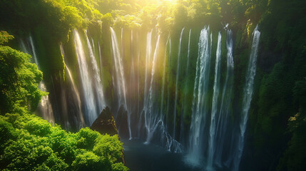 Beautiful waterfall in the middle of dense jungle - Powered by Adobe