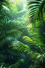 Fototapeta premium Sunlight filtering through tropical forest foliage, vertical summer inviting background