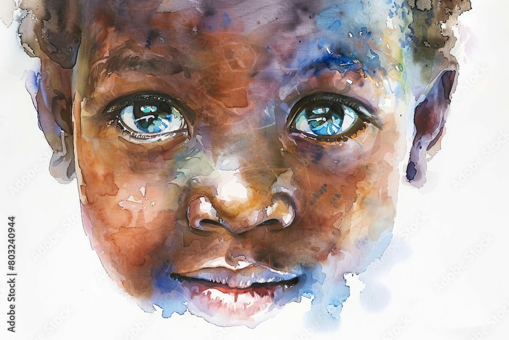 Wall mural portrait of african child with innocent eyes watercolor illustration