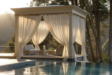 A luxurious pool cabana, draped with sheer curtains billowing in the gentle breeze.