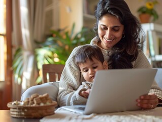 Mother and child using laptop together at home for online activities and education