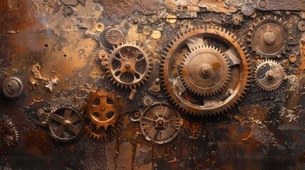Close-up of vintage bronze gears and clockwork mechanisms in a complex arrangement