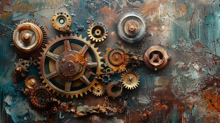 Close-up of vintage bronze gears and clockwork mechanisms in a complex arrangement