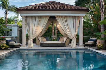 A luxurious poolside cabana adorned with flowing curtains, offering privacy and relaxation.