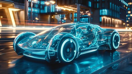 Driving on a road in a futuristic metropolis is an autonomous vehicle with a translucent material body.