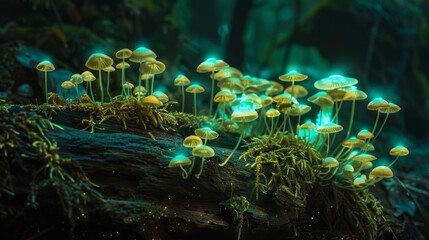 Enchanting scene of bioluminescent mushrooms on a forest log, glowing eerily in the dark