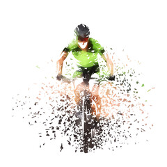 Cycling, man riding a mountain bike, isolated low poly vector illustration with shatter effect, front view