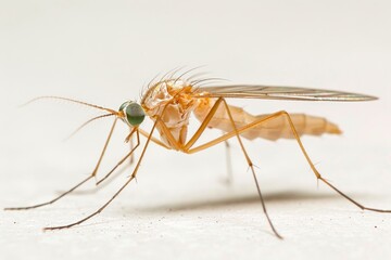 Detailed close up of a mosquito on a white surface, suitable for scientific or educational purposes