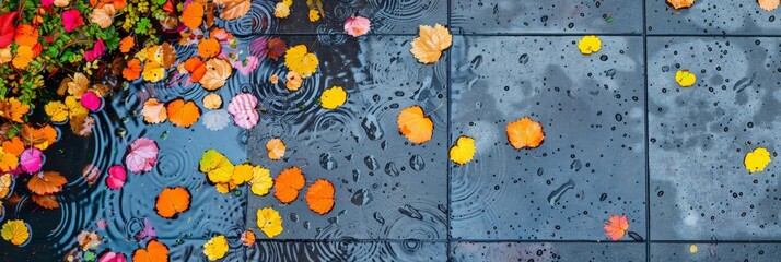 Leaves from various trees floating on top of a water puddle, creating a colorful and natural scene