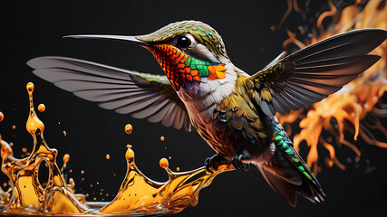 ((a hummingbird)), Hyperdetailed Eyes, Tee-Shirt Design, Line Art, Black Background, Ultra Detailed Artistic, Detailed Gorgeous Face, Natural Skin, Water Splash, Colour Splash Art, Fire and Ice, Splat