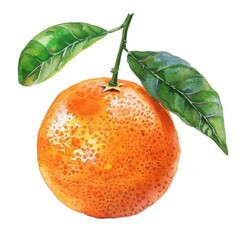 A watercolor illustration of a bright orange fruit with leaves