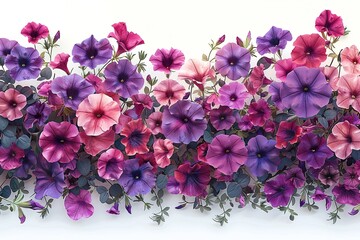 A digital vector illustration of purple petunias, some flowers cascading downward,