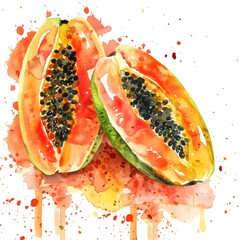 A watercolor illustration of a freshly cut papaya