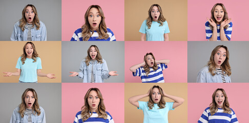Collage with photos of surprised woman on different color backgrounds