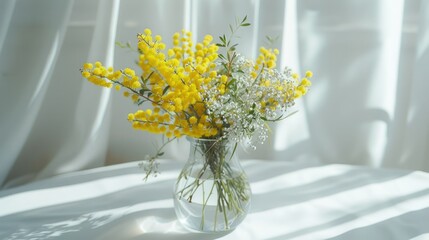 A beautiful arrangement of yellow and white flowers in a vase. Perfect for home decor or floral design projects