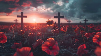 Field of red flowers with crosses in the background. Suitable for memorial or religious themes - Powered by Adobe