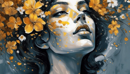 Wallpaper image of a beautiful woman's face among golden flowers. black and gold image. poster art with a girl. Generated AI