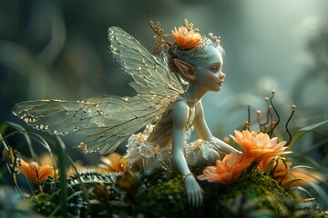 A tiny fairy with delicate wings, sitting on the edge of an orange flower in a lush green mossy garden,